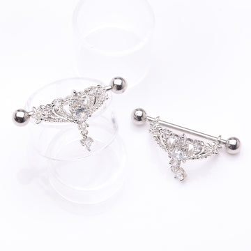 Detail View 1 of A Pair of Enchanted Princess Tiara Sparkle Dangle Nipple Shield Ring-Clear Gem